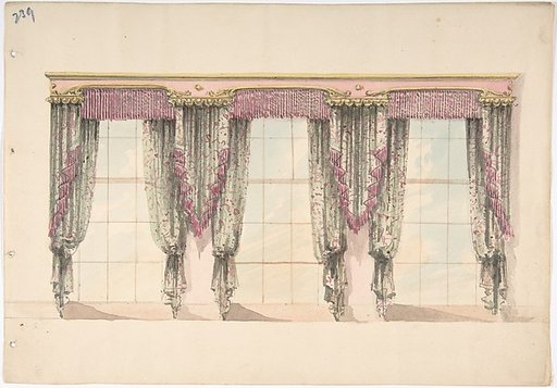 Design for Gray and Pink Curtains with Pink Fringes and a PInk and Gold Pediment