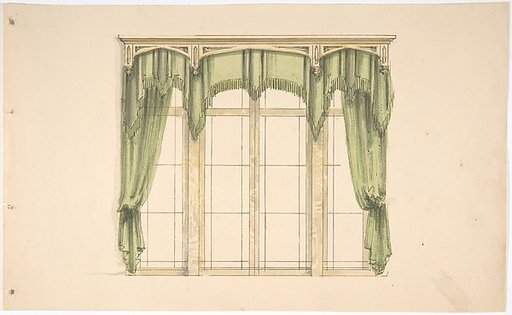 Design for Green Curtains with Green Fringes and a Gold Pediment