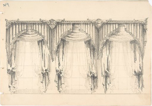 Design for Fringed, Pelmeted Curtains Hanging at Three Widows