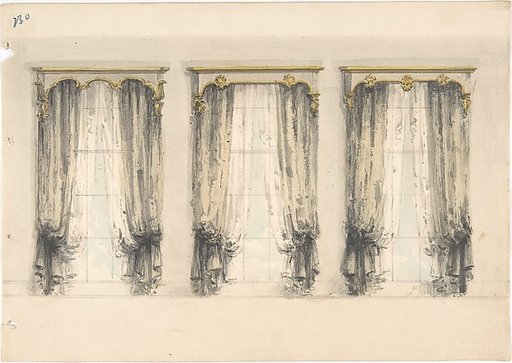 Design for Three Sets of Gray Curtains , with Gray and Gold Pediments