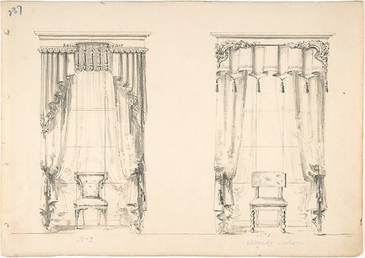 Design for Two Tasseled Curtains, Shown with Chairs