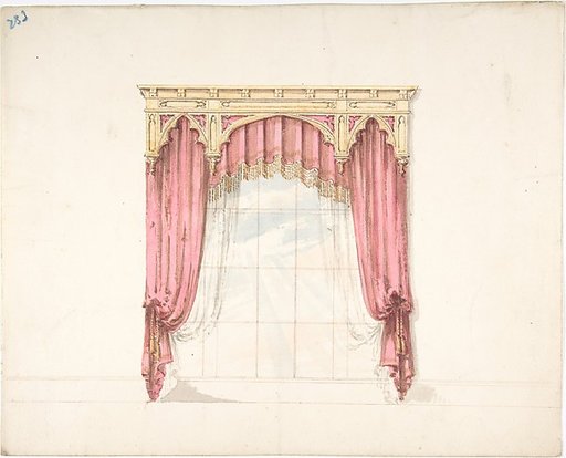Design for Red Curtains with Gold Fringes and a Gold Gothic Pediment