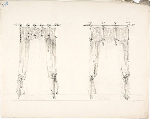 Design for Two Fringed Curtains Handing from Rods (Verso: Sketches)