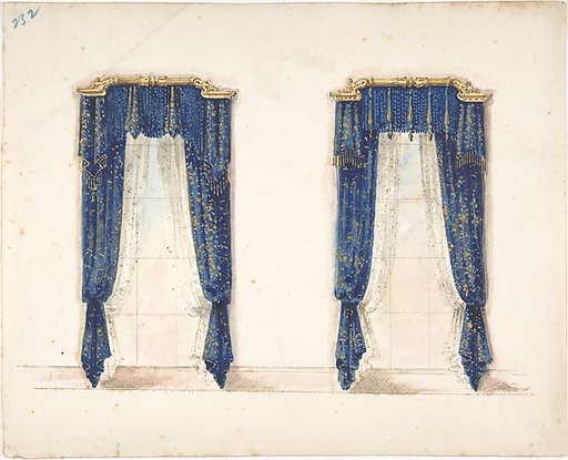 Design for Blue and Gold Curtains with Gold Fringes and a Gold Pediment