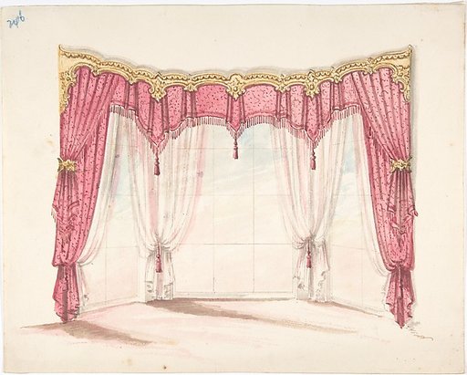 Design for Red Fringed and Tasseled Curtains with a Gold Pelmet