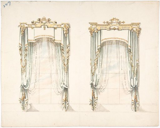 Design for Two White Curtains with Gold Fringes and a White and Gold Pelmets