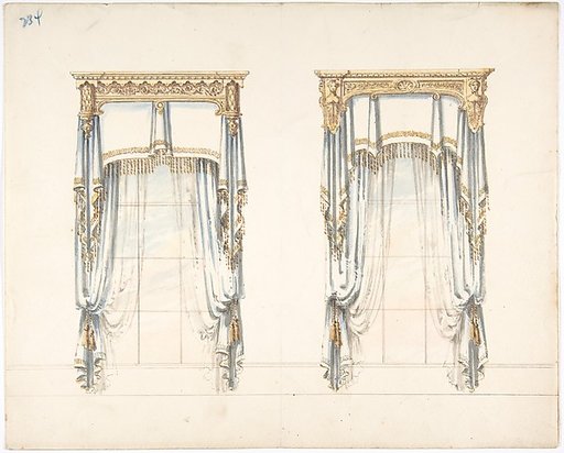 Design for Two White Curtains with Gold Fringes and a Gold Pediment