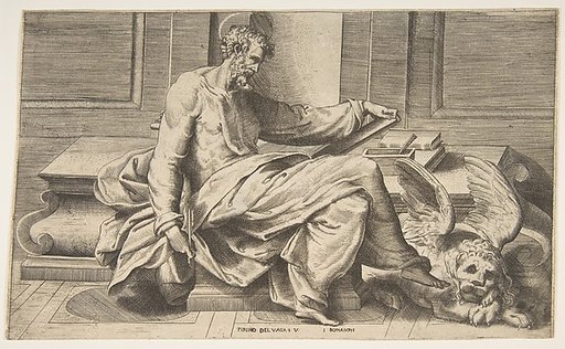 Saint Mark writing his gospel, winged lion at the right