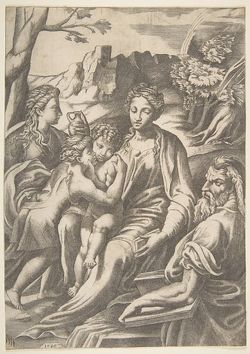 The Holy Family with Mary Magdalene and John the Baptist who embraces Christ