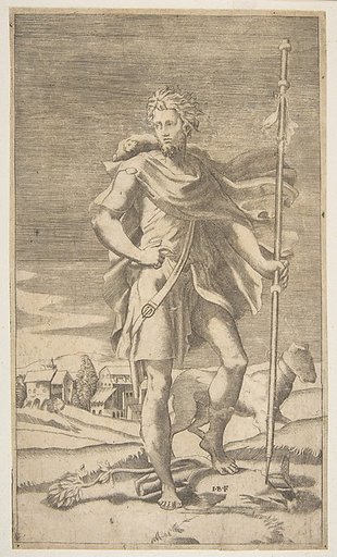 Saint Roch standing holding a staff in his left hand, a dog by his side
