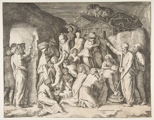 Moses at right telling the Israelites to gather the manna and at left Moses striking the rock