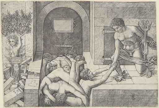 Ignorance and Mercury (an allegory of Virtue and Vice), Mercury kneeling at right holding a staff and taking the hand of a man who emerges from a pile of naked bodies, at left a tree with the torso and head of a woman (Daphne)