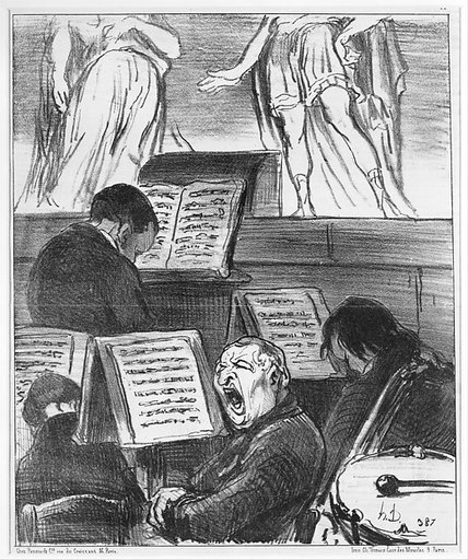 The Orchestra During the Performance of a Tragedy (L'orchestre pendant qu'on joue une tragédie), from Croquis Musicaux, published in Le Charivari,  April 5, 1852