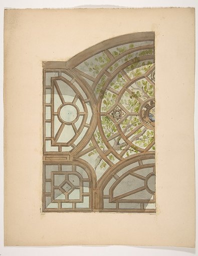 Design for one section of a ceiling painted with trees and lattices