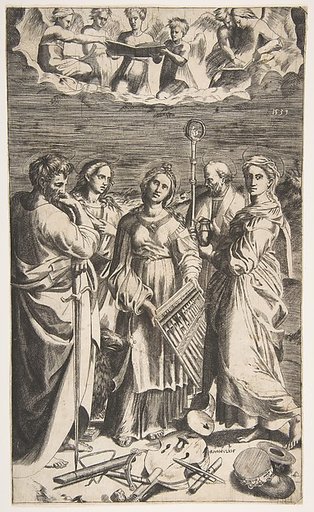 Saint Cecilia standing in the centre accompanied by Saint Paul, the Magdalene, Saint John the Evangelist, and Saint  Augustine