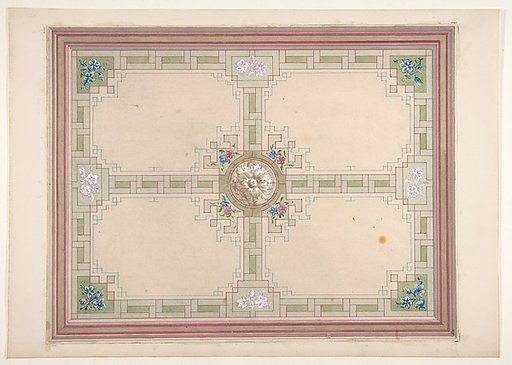 Design for a ceiling with floral accents and Greek key border