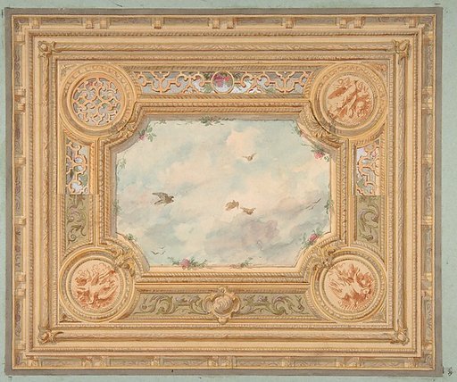 Design for a ceiling with four medallions and sky motif in center