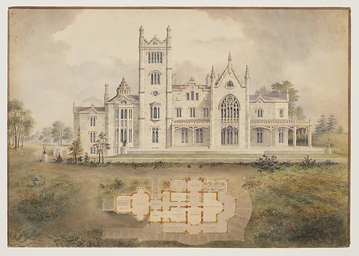 Lyndhurst for George Merritt, Tarrytown, New York (west [rear] elevation and plan)
