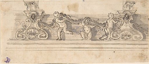 Design for the Decoration of a Cornice with Putti holding a Garland (recto); Red Chalk Sketches (verso)