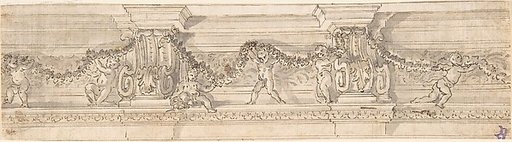 Frieze with Consoles, Putti, and Garlands (recto); Fragment of Architectural design (verso)