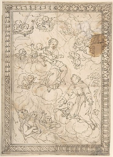 Kneeling Saint and Lost Souls before the Madonna and Child, with Four Alternate Border Designs