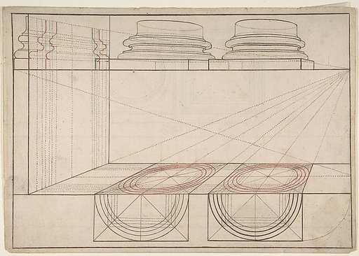 Architectural Perspective Study Showing Two Column Bases (recto); Architectural Perspective Study Showing Column Capital and a Measurement Key (verso)
