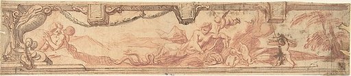 Design for a Frieze with a Coat of Arms with a Serpent and a Landscape Scene with Women and Children