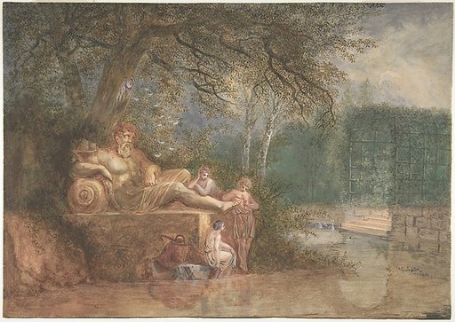 A Park with Figures at a Statue near Water