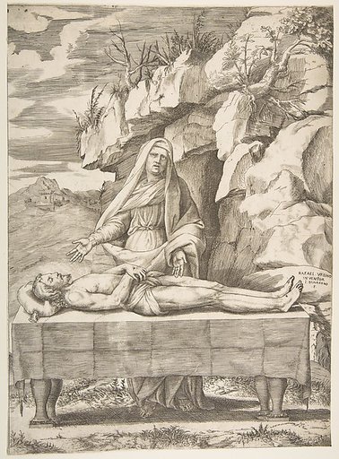 Pietà, Christ stretched out on a table in a landscape, the Virgin standing behind arms open