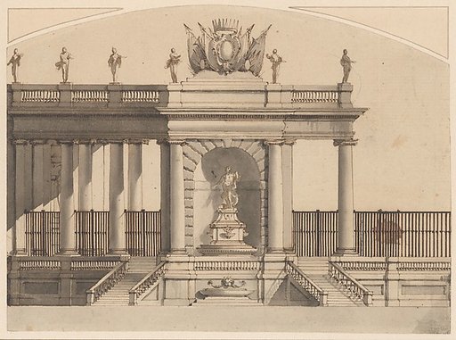 Colonnade and Fountain with a Crowned Armorial Shield