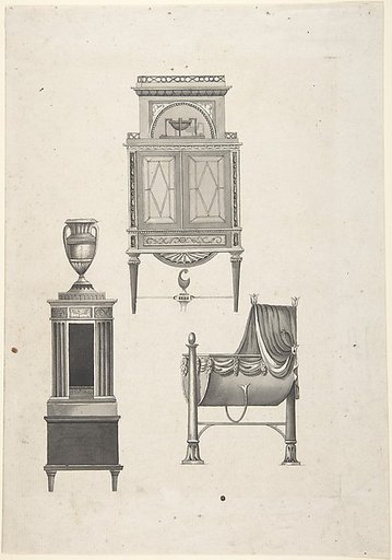 Design for furniture in a variation on the style of Thomas Sheraton, a desk or bookcase, a plate-warmer (?) pedestal, and a cradle