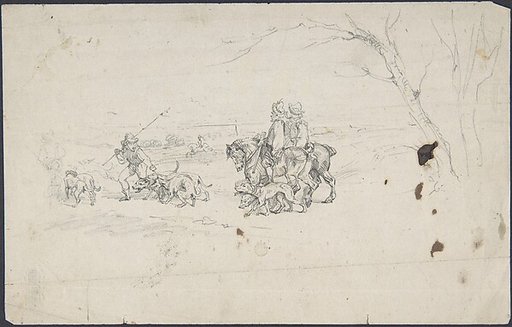 Sketch of horsemen with dogs