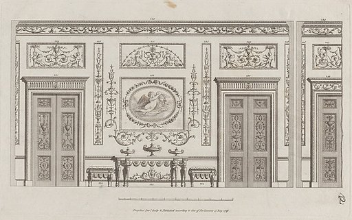 Interior Ornamented Wall with Doors, nos. 228–239, plate 42 from "Designs for Various Ornaments"