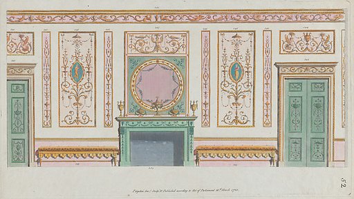 Interior Ornamented Wall with Doors and Fireplace, nos. 344–350, plate 52 from "Designs for Various Ornaments"