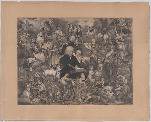Collage of printed elements centered on a Man and Young Woman Reading the Bible, surrounded by scenes from rural life