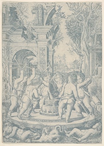 The fate of an evil tongue; seven putti stand around an anvil on which they hammer a tongue, landscape and architecture behind