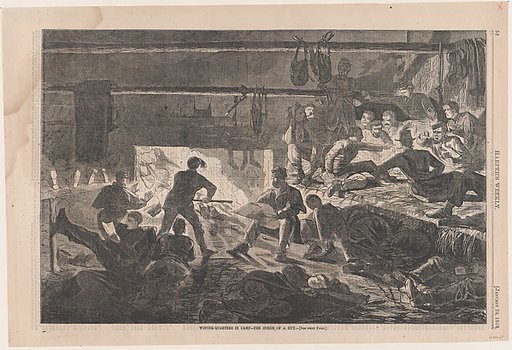 Winter Quarters in Camp – The Inside of a Hut (from "Harper's Weekly," Vol. VII)