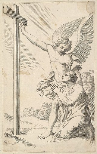 An Angel Indicates a Cross to a Man Kneeling