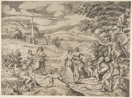 Mercury at the right telling the story of Pan and Syrinx
