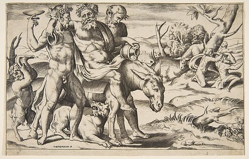 A drunken Silenus riding an ass being supported by satyrs