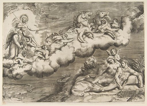 An allegory of the rising sun, a naked man wearing a shroud and accompanied Father Time is being drawn by horses