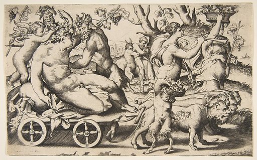 Triumph of Bacchus who is seated on a carriage at left