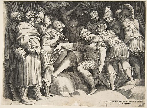 The wounded soldier Scipio in the centre surrounded by figures