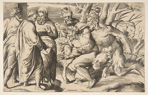 Two satyrs brining Silenus King Midas standing at the left