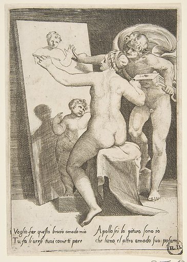 Apollo standing a beside a woman representing an allegory of painting, from "The Loves of the Gods"