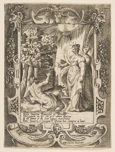 Tantalus at left speaking to Diana at right, set within an elaborate frame, from "Loves, Rages and Jealousies of Juno"