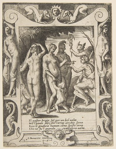 The judgment of Paris, set within an elaborate frame, from "Loves, Rages and Jealousies of Juno"