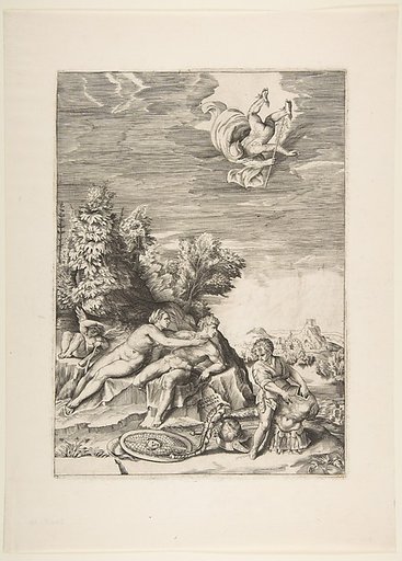 Calypso trying to detain Ulysses as a child prepares his armour at right and Mercury falls from the sky