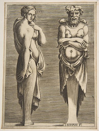 Two Terms, a Nymph at left Silvanus at right