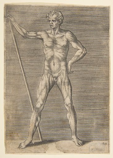 Flayed man seen frontally, holding a stick